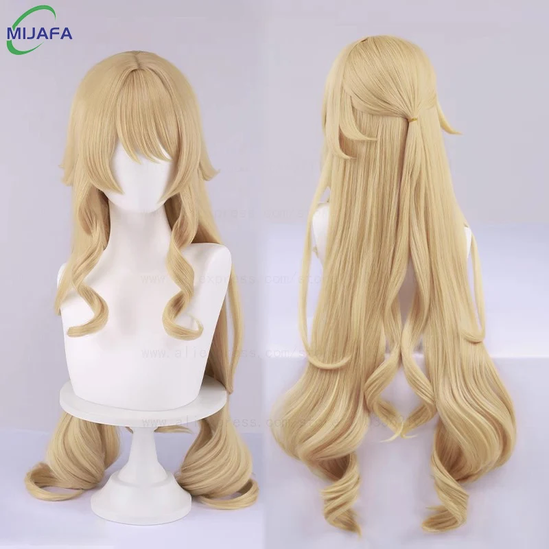 High Quality Fontaine Navia Cosplay Wig Long Linen Gold Wave Curly Heat Resistant Synthetic Hair Scalp Anime Game Wigs + Wig Cap