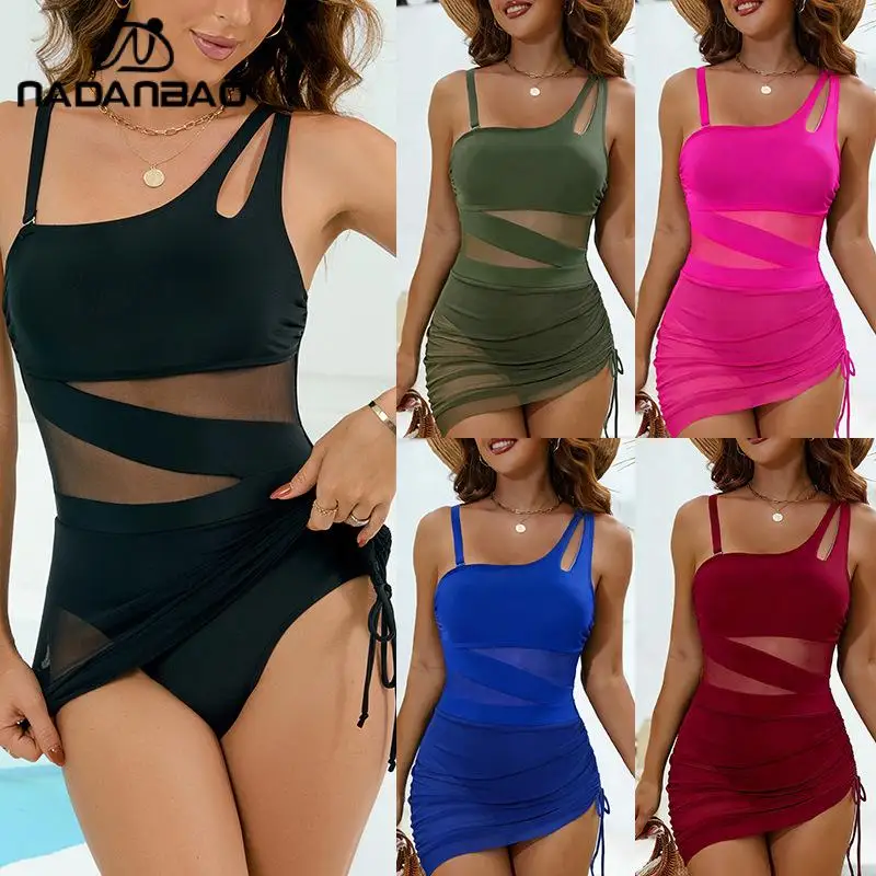 Nadanbao Women Solid Color Sexy One Piece Swimsuit Mesh Drawstring Cover-Up Skirt Tummy Control Bathing Suit Beach Pool Swimwear