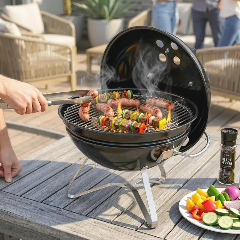 Barbecue au charbon portable avec couvercle, poignée et aérations réglables, noir, 41x41x44, livraison locale