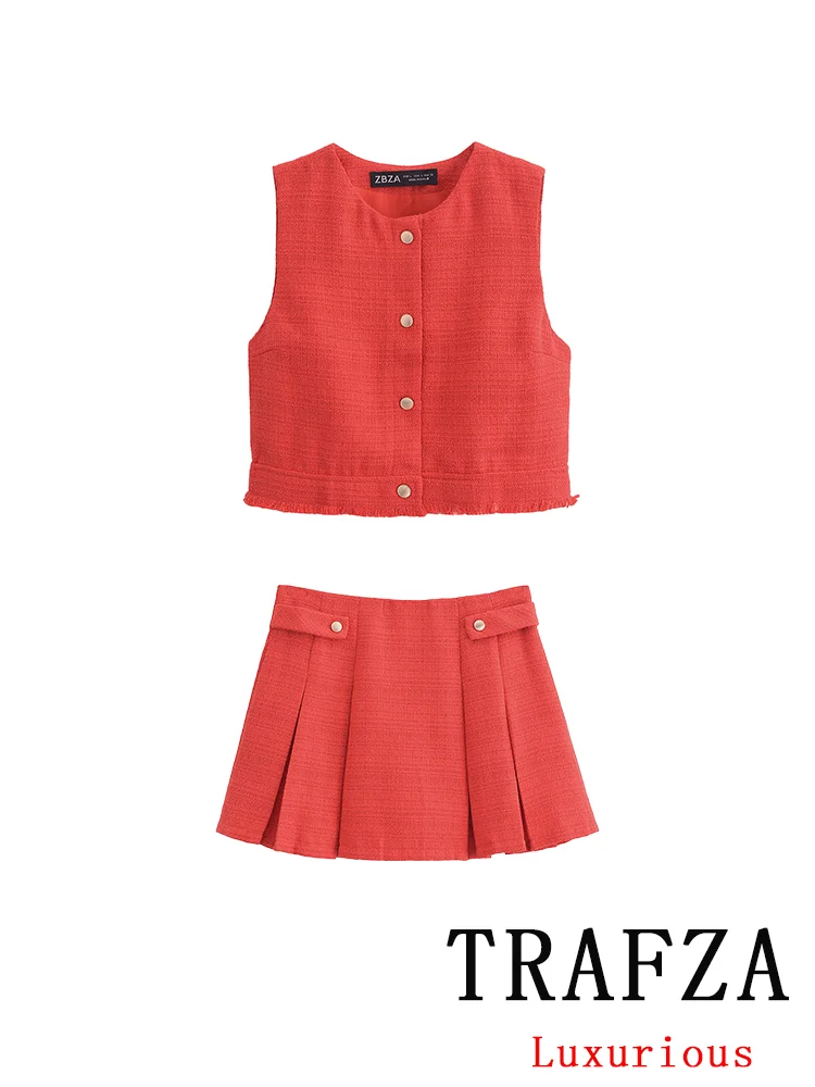 

TRAFZA Casual Chic Solid Women Suit Single Breasted ONeck Sleeveless Vest Buckle Pleated Mini Skirt New Fashion 2025 Spring Sets