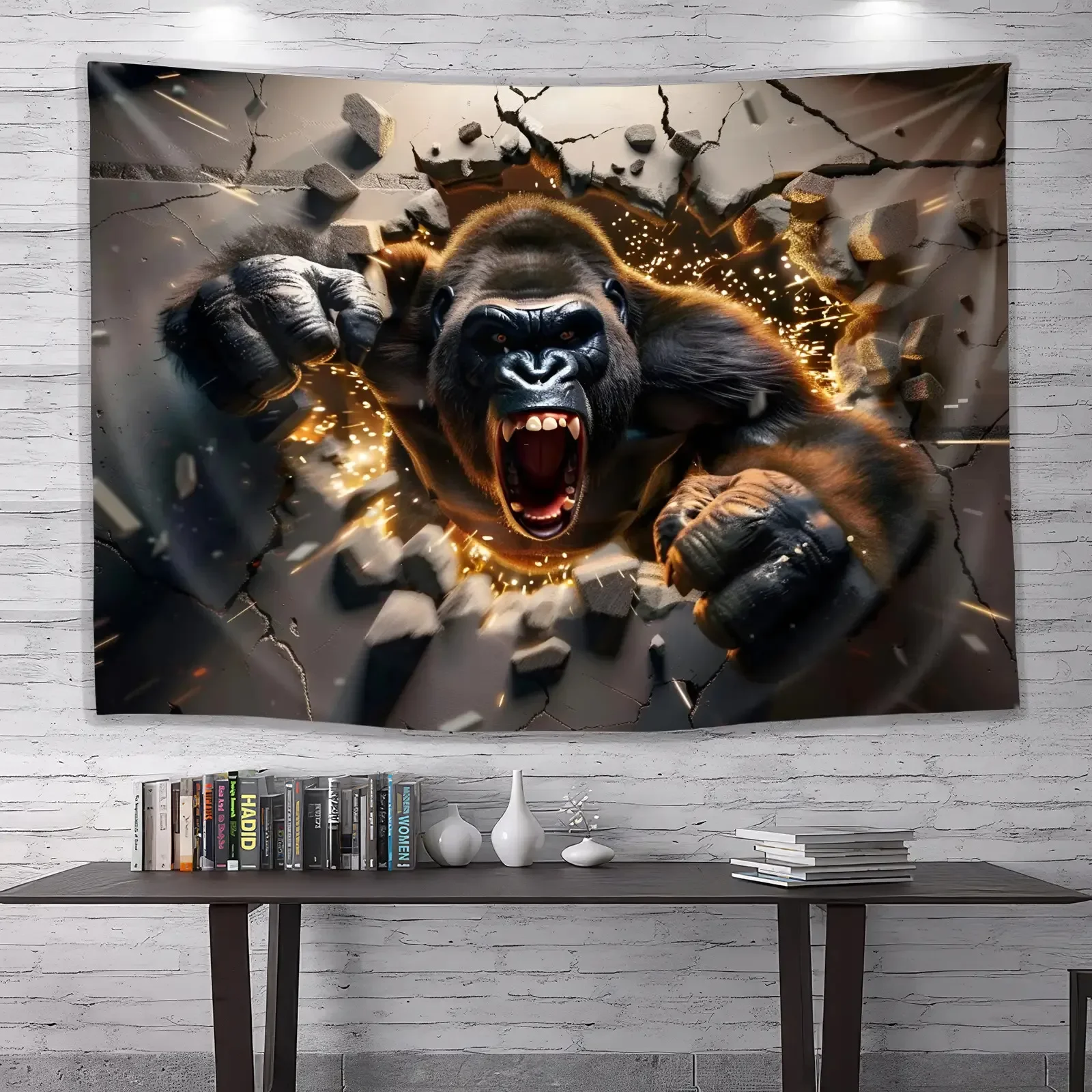 Powerful Gorilla Breaking Wall Tapestry, Angry Ape with Sparks Effect Wall Art, Man Cave & Game Room Decor Extra large size