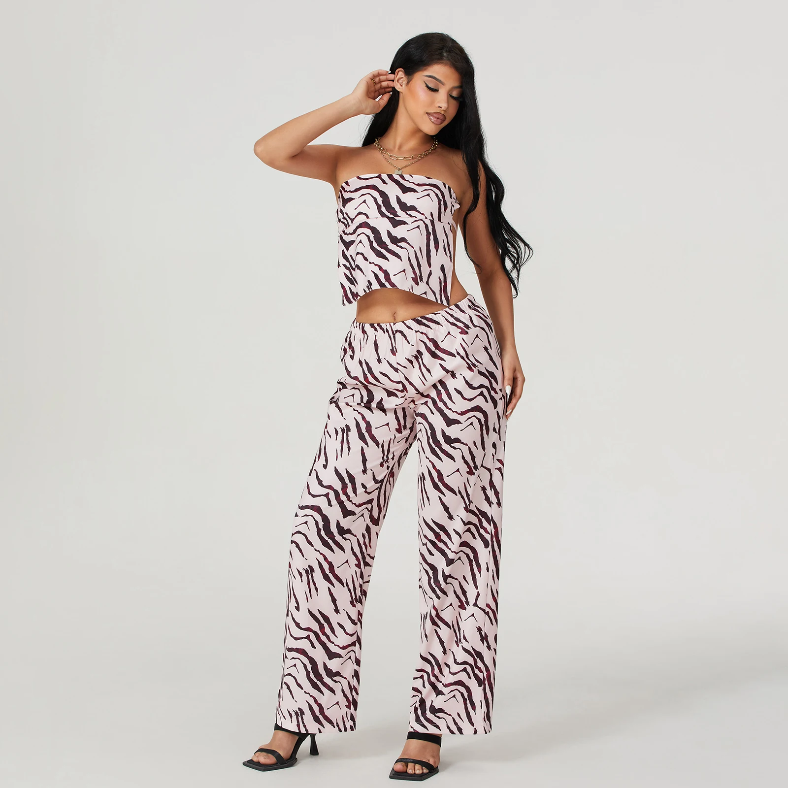 

Women Summer Lonf Pants Set Solid Color Strapless Backless Tube Top with Pants Solid/Zebra Print Trouses Casual 2 Pieces Outfit