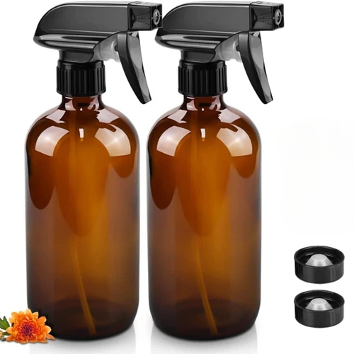 Imagen 1 del producto Paquete de 2 botellas de vidrio ámbar con pulverizador, botella vacía rellenable para aceites esenciales, plantas, limpieza del cabello, bomba cosmética, dispensador de líquido