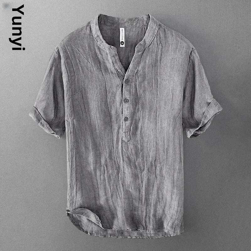 Camiseta de lino puro de manga corta para hombre, camiseta holgada de estilo chino de verano con cuello en V fino, camiseta informal Vintage de lino de media manga