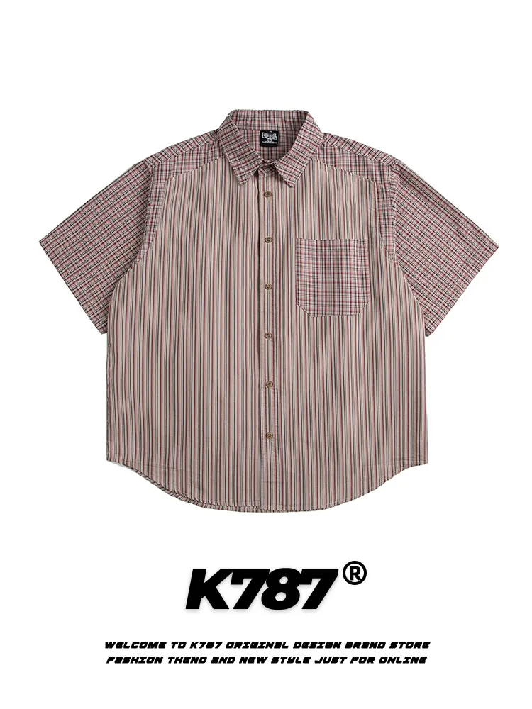 

K787 American Retro Striped Splicing Short Sleeve Loose Workwear Half Sleeve Open Cardigan Unisex Summer Breathable Cotton Shirt