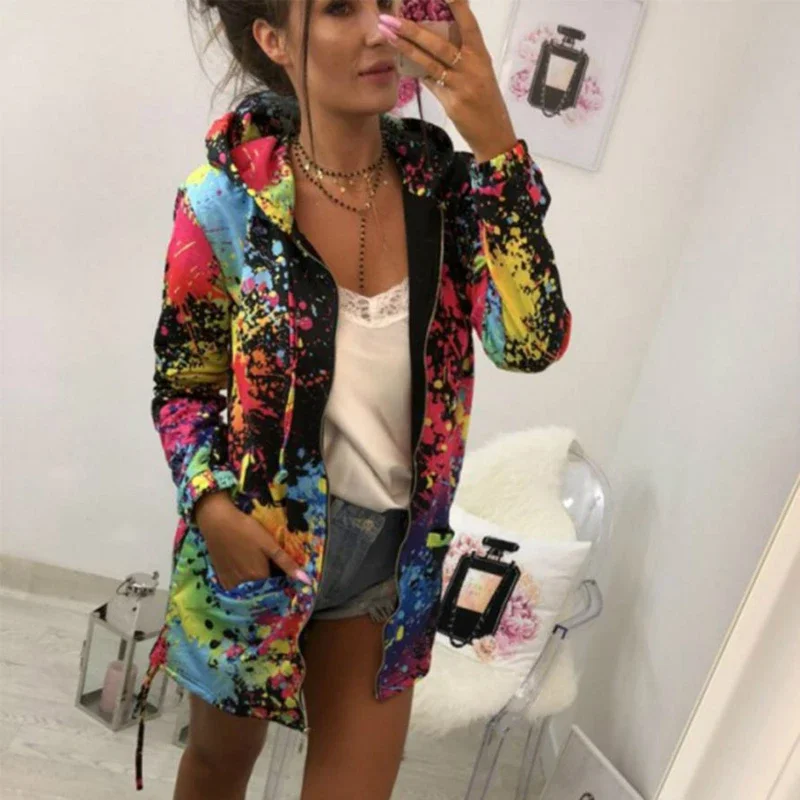 Black Jackets Women Outerwear & Coats Jackets Female Fashion Tie Dyeing Print Outwear Sweatshirt Hooded Zopper Coat harajuku