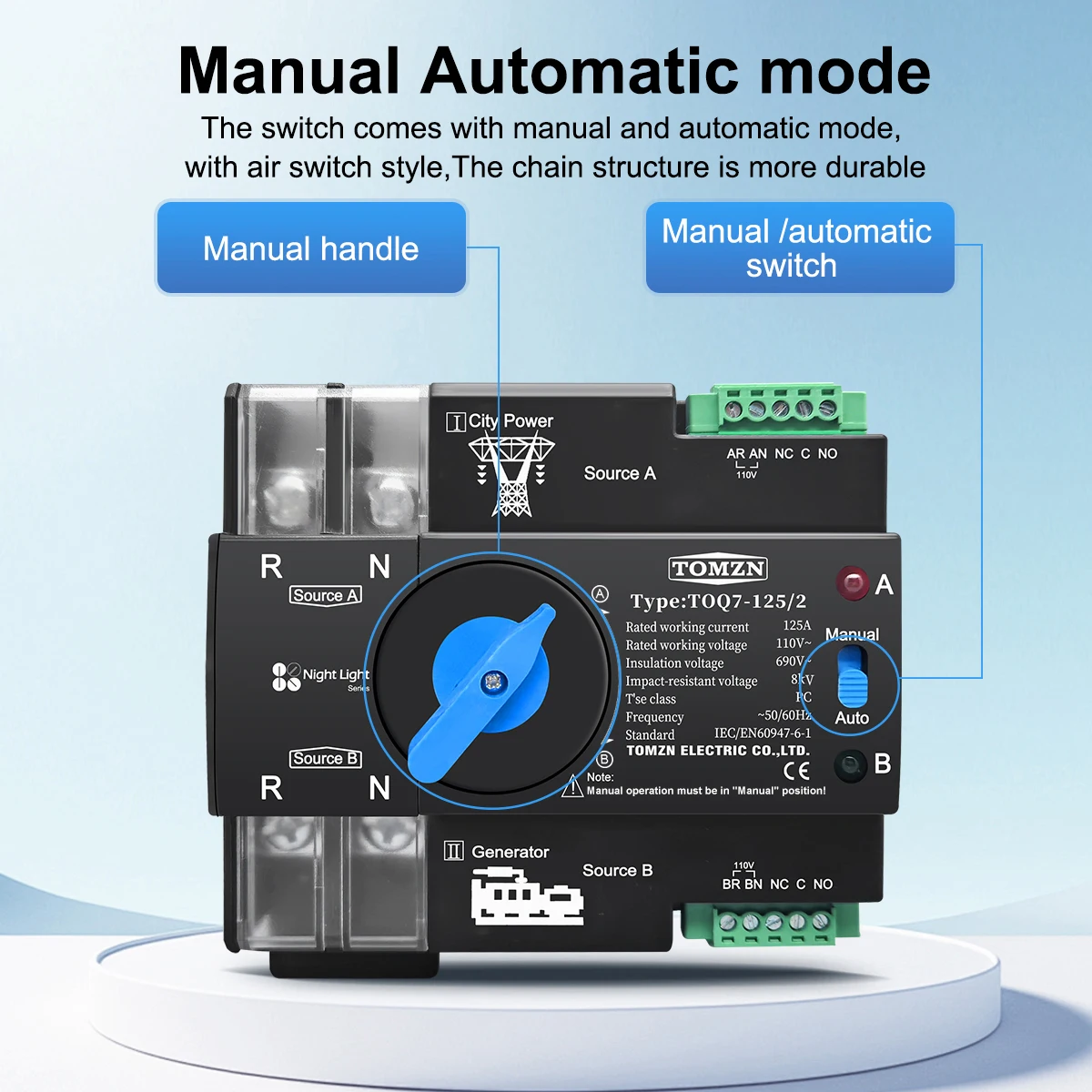TOMZN DIN Rail 3 Phase 2P 3P 4P 63A 100A 125A AC110V 120V Dual Power Automatic Transfer Electrical Selector Switch Uninterrupted
