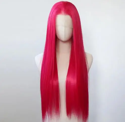 Hot Rose Pink Synthetic Lace Front Wig Long Straight Lace Front Synthetic Wig Pre Plucked Heat Resistant Hair Daily Wear Cosplay