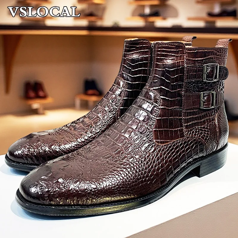 

Luxury Men Ankle Boots Shoes Black Brown Crocodile Printed Zipper Chelsea Double Buckle Genuine Leather Dress boots men