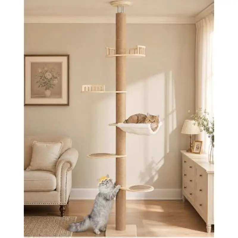 9.8ft adjustable floor-to-ceiling cat tower with 5-tier vertical layout, oversized hammock, elevated perch, sturdy plywood const