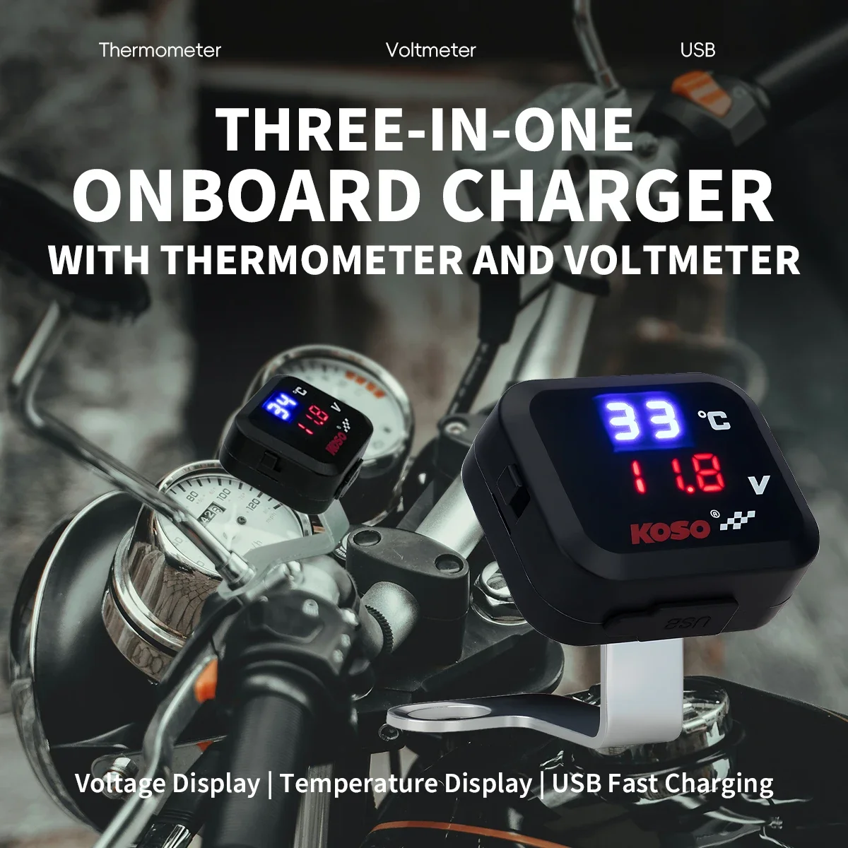 3in1 Mini Water Temperature Gauge Voltmeter Motorcycle Phone USB Charger Emergency Charging Waterproof LCD Digital Display KIT