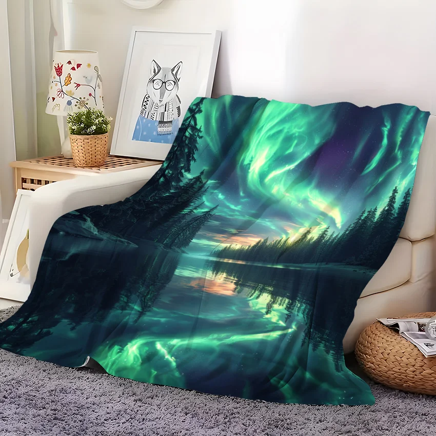 Aurora Borealis Flannel Blanket, Cozy All-Season Throw with Stunning Northern Lights Design, Soft Bed or Sofa Decor Blanket