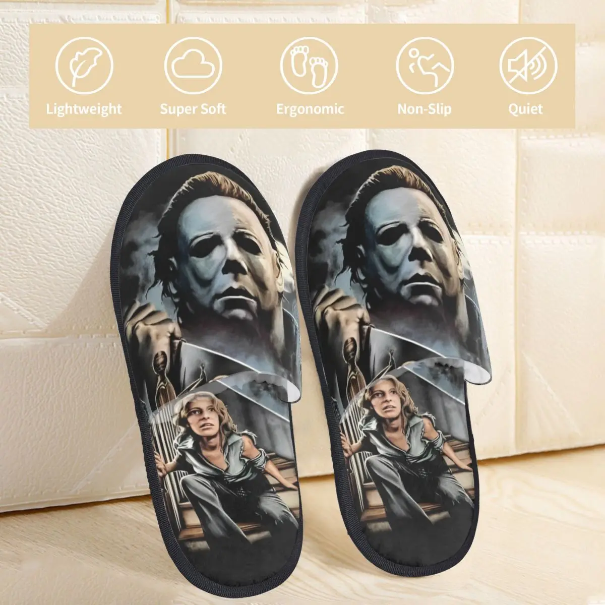 Winter House Slippers Halloween Michael Myers Merch Household Fur Slides Slippers Indoor Horror Movie Cozy Non Slip Slides