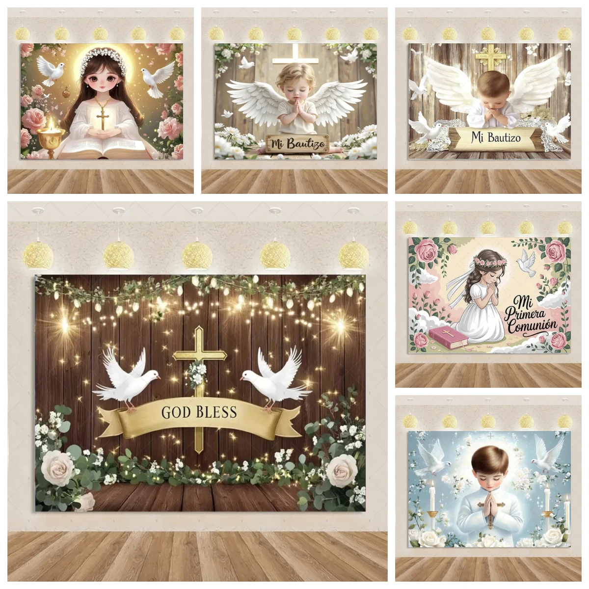 My First Holy Communion Background Cloth God Bless Baptism Christening Crucifix Chalice Gold Glitter Photography Studio Props