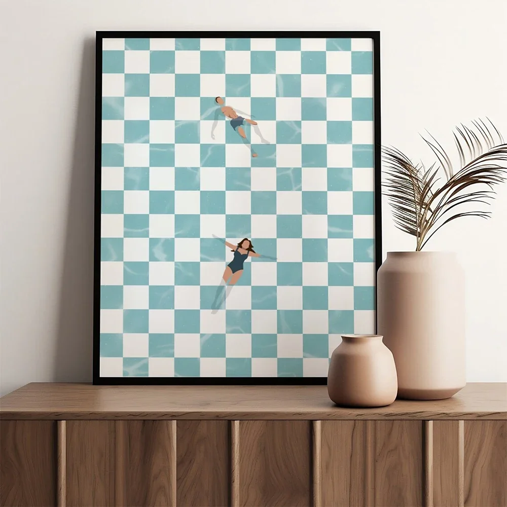 Retro People in The Swimming Pool Checkerboard Canvas Print Summer Wall Art Poster Pictures for Modern Living Room Home Decor