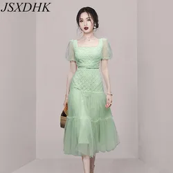 High Quality Fashion Summer Light Green Mesh Dress Elegant Women Square Collar Short Sleeve Tulle Long Ball Gown Dress With Belt