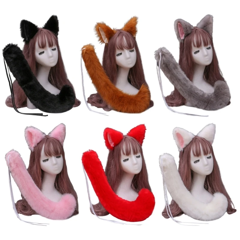 

Japanese Anime Cosplay Costume Set Solid Color Faux Fur Kitten Wolf Ears Headband with Plush Animal Long Tail Halloween Party