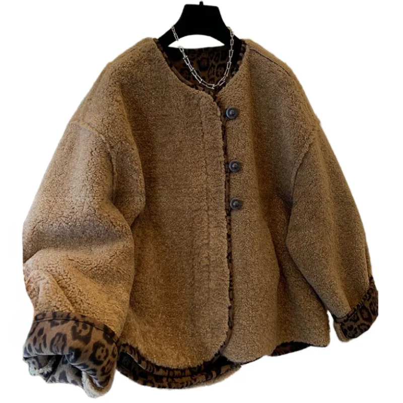 Women Fashion O-Neck Single Breasted Long Sleeve Jacket Autumn Winter Leopard Coat Female High Street Warm Jacket