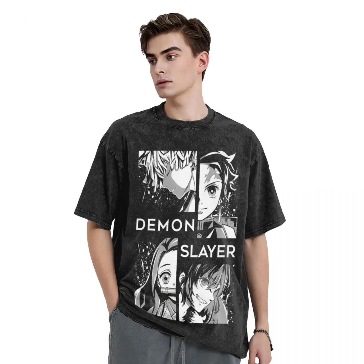 Washed T Shirts Anime Demon Slayers Hip Hop Vintage T-Shirts Nezuko Streetwear Cotton Summer Tops Tee Shirt for Men Women