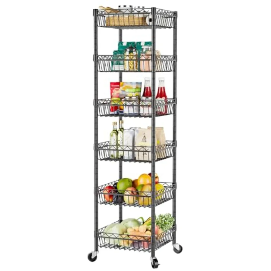 

6 Tier Wire Rack Shelving for Kitchen Garage Laundry: Black Metal Adjustable Storage with Wheels 13.5 D x 13.5 W x 63 H