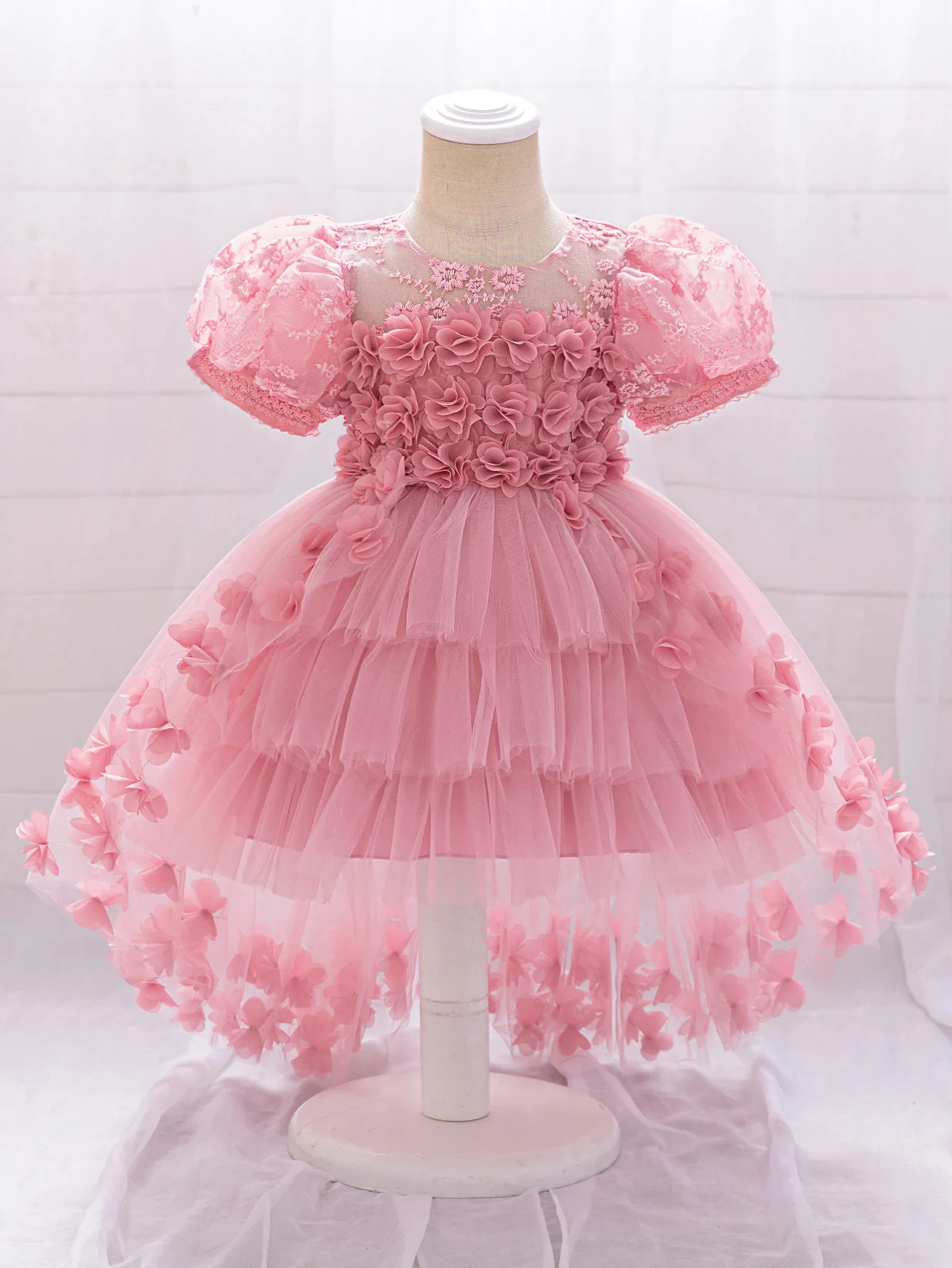 Toddler Girls 1st Birthday Princess Dresses Puff Sleeve Trailing Flower Girl Dress Tulle Puffy Baby Party Wedding Ball Gown 0-3Y