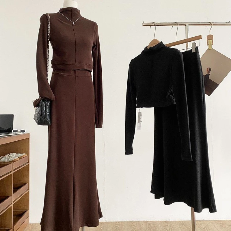 French style fashion high-end light luxury elegant solid color semi high neck T-shirt+hip hugging mid length fishtail skirt set