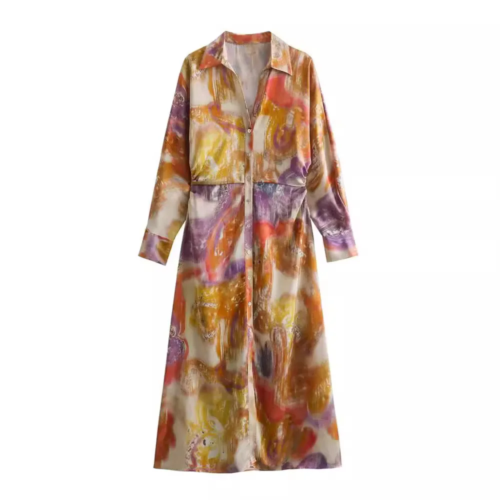 2024ZAR Spring/Summer New Women's European and American Style Layered Tone Printed Silk Satin Texture Dress