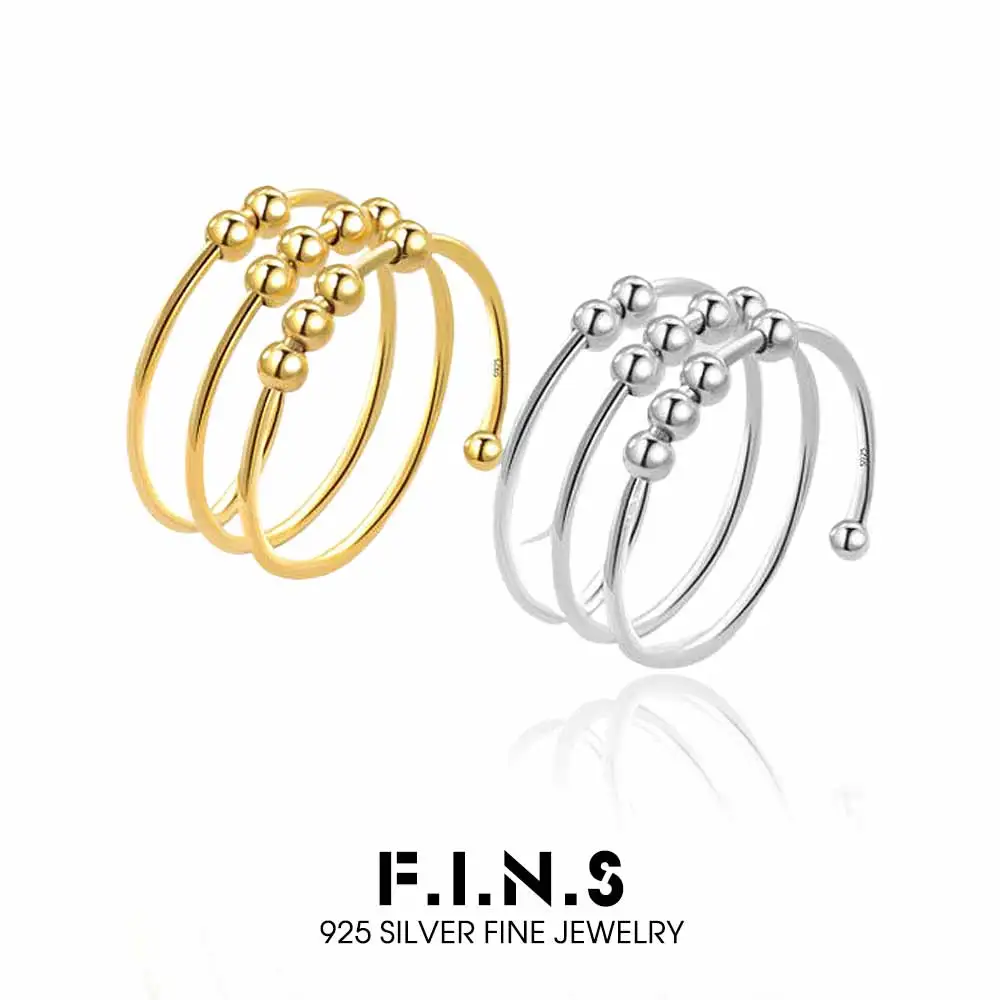 

F.I.N.S Minimalist S925 Sterling Silver Rotating Anti Anxiety Ring Adjustable Beaded Multi-Layer Index Mid Finger Fine Jewelry