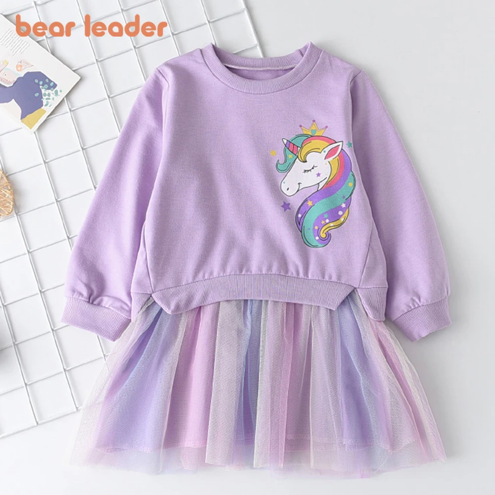 Bär Führer Süße Cartoon Print Prinzessin Mädchen Kleider Frühling und Herbst Neue Mode Lange Ärmeln Mesh Gespleißt kinder Kleid