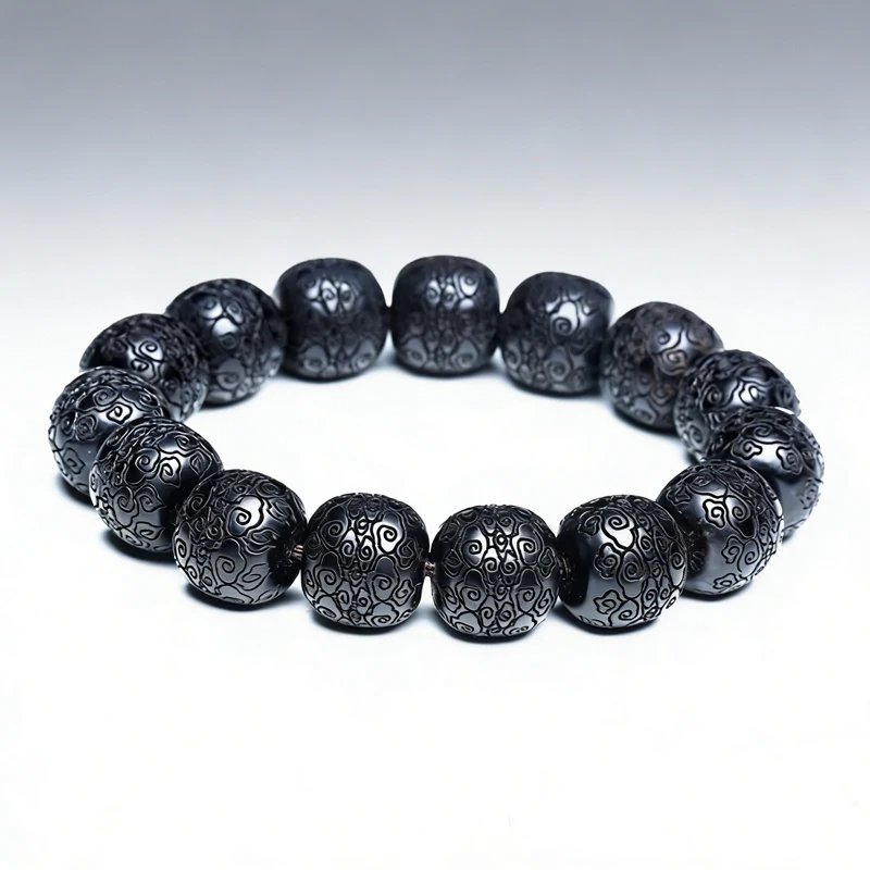 Black Ebony 15mm Auspicious Cloud Pattern Wooden Bracelet - Eastern Culture Lucky Charm, Brand New Universal Fit
