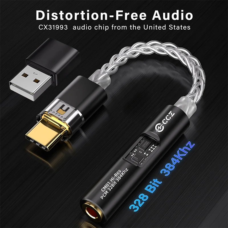 CCZ CM01 Audio Adapter Type C to 3.5mm 8-Core Single Crystal Copper Silver Plated Cable with 32bit CX31993+MAX97220 DAC Chip