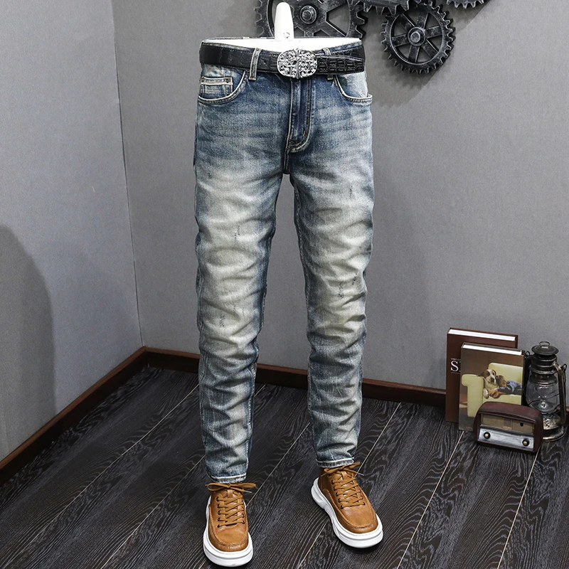 

Джинсы Red-Ear Denim для мужчин, осенние мужские джинсы, новинка 2024, уличные американские ретро высококлассные облегающие брюки до щиколотки с эффектом потертости