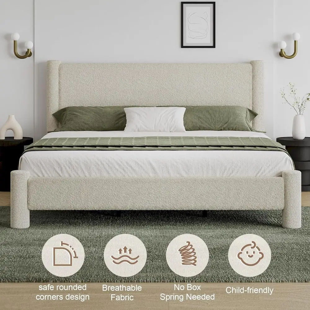Cream King Size Upholstered Bed Frame with Rounded Corners, No Box Spring Needed, Easy Assembly, Headboard Included