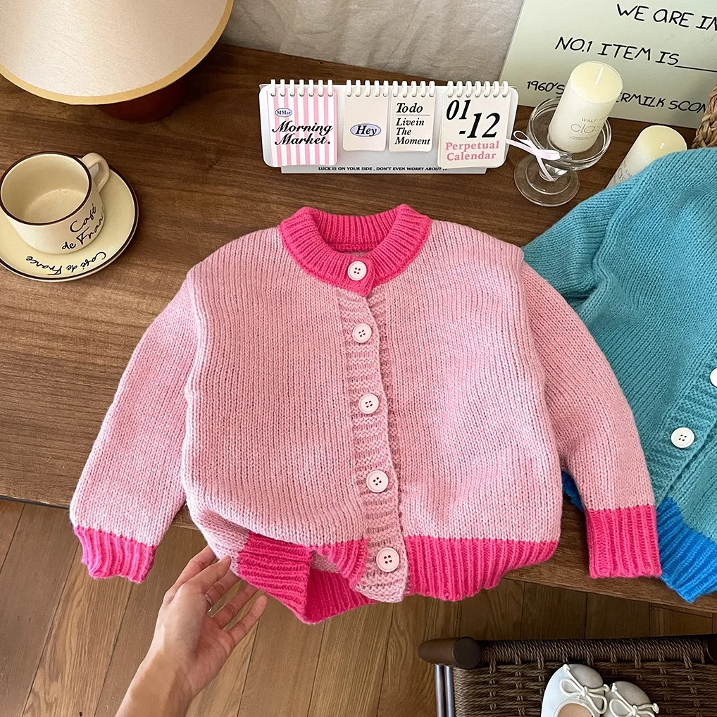 Autumn Baby Girls\' Knitted Sweater Spring Korean Clothing Stylish Candy Color Contrasting Loose Children\'s Outerwear Cardigan