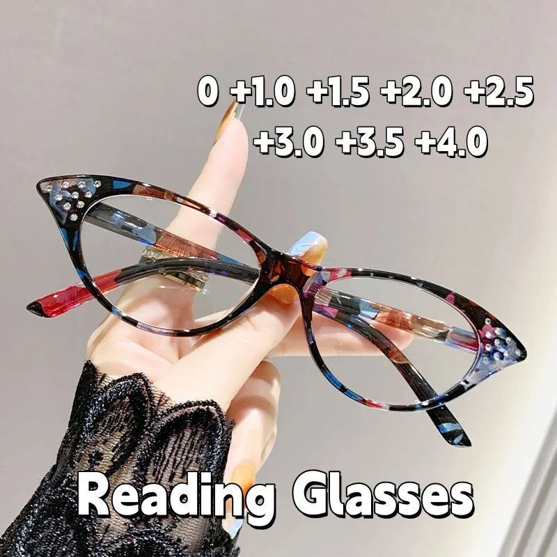 

2025 Fashion Diamond Inlaid Ultra Light Anti Blue Light Presbyopia Glasses Cat Eye Frame Middle Aged and Elderly Reading Glasses