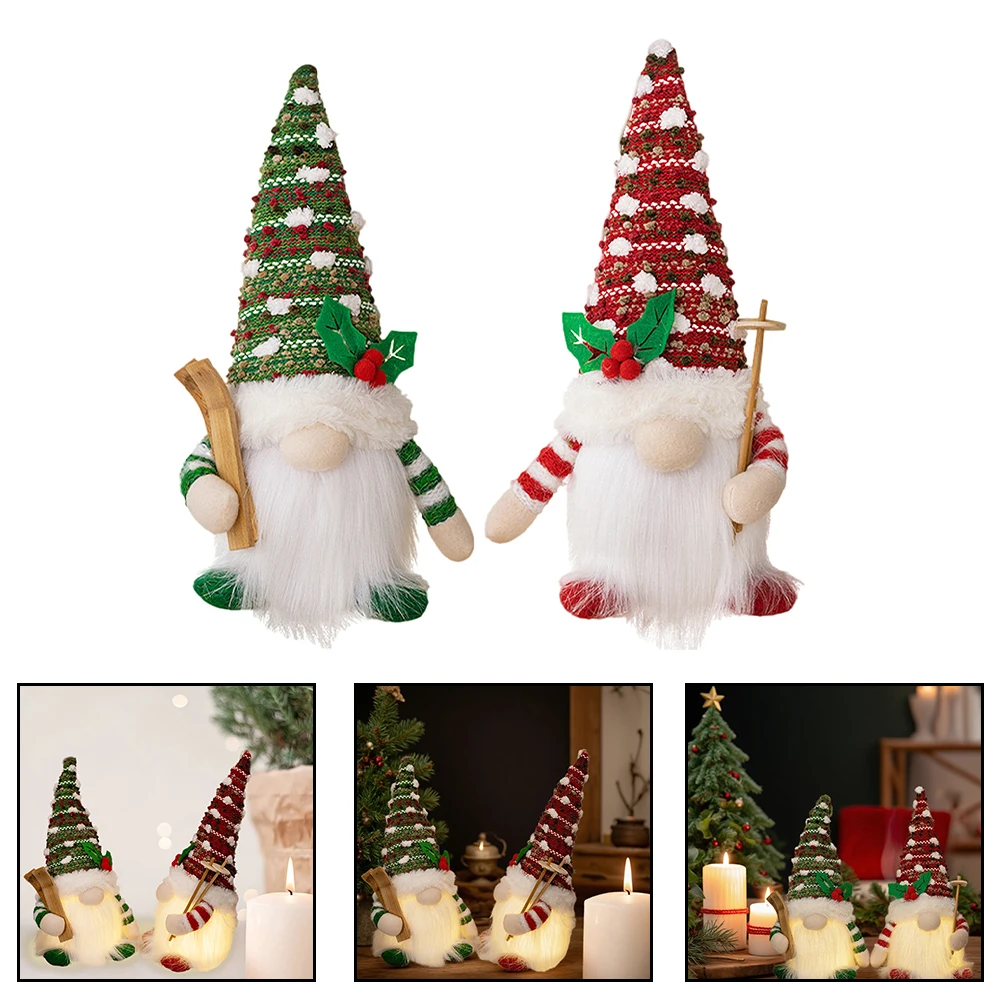 Figuras de gnomo navideño hechas a mano con diseño de luz para decoración de mesa navideña y estante Rojo Verde 16 x 28 cm