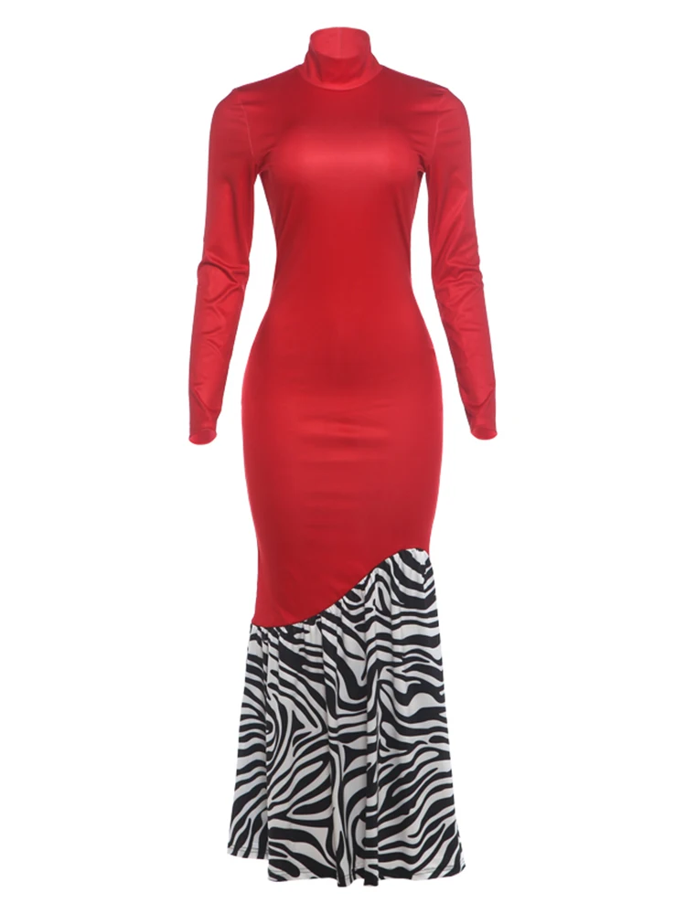 Weird Puss Leoparden-Patchwork-Langes Kleid für Damen, Herbst-Trend, O-Ausschnitt, lange Ärmel, hohe Taille, figurbetont, pfirsichfarben, eleganter Stil, Vestidos – Detail 2
