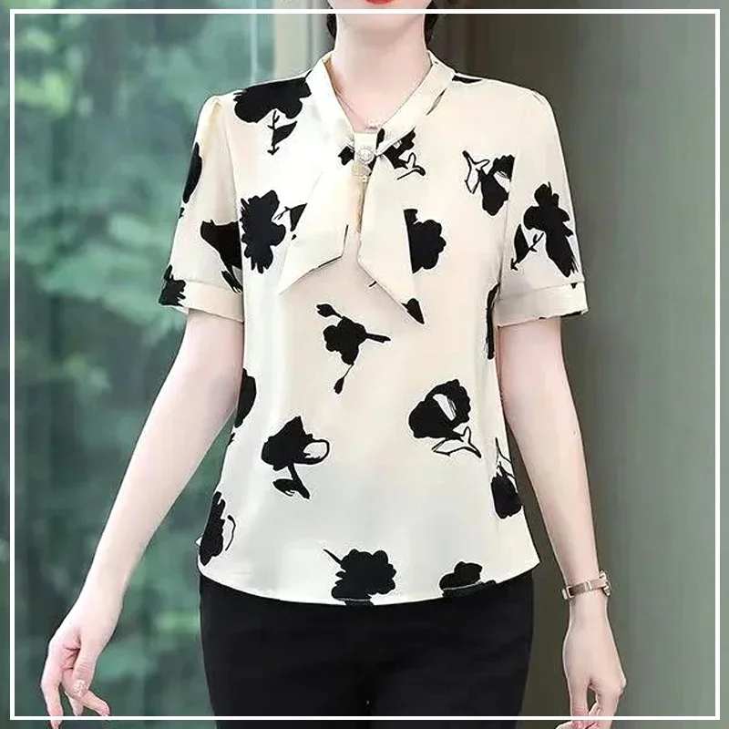 Bow Knot Splicing Intellectual Lightly Cooked Comfortable Generous Capable Skin Friendly Printing Summer Women's Shirts 2024