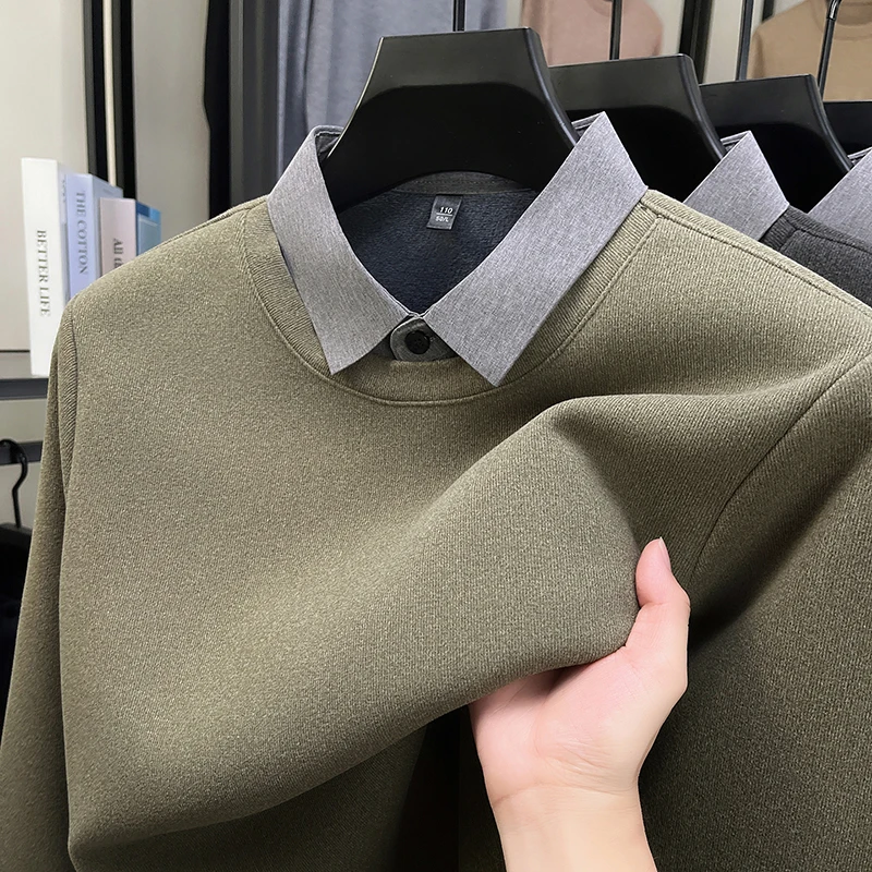 

2025 Поддельная футболка из двух предметов с длинными рукавами, мужская осенне-зимняя новая толстовка с капюшоном из плотного флиса и теплым шерстяным свитером