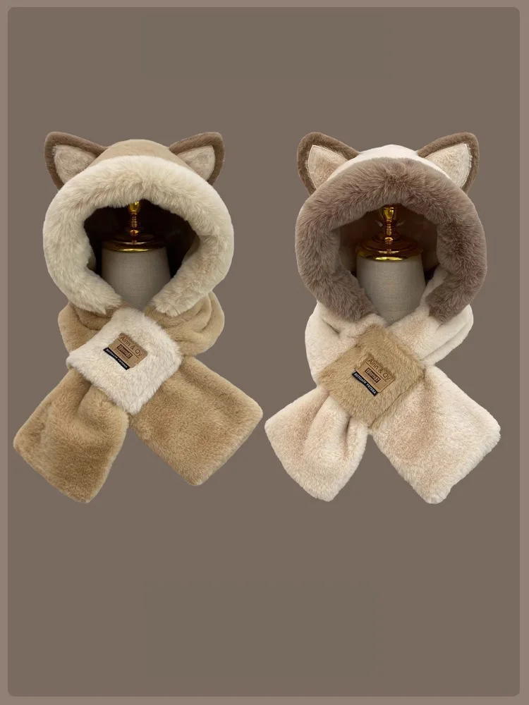 Hat Scarf One Woman Winter All Cute Fluffy Hat Warm Winter Thickened Anti-Freeze Windproof Hooded Bib