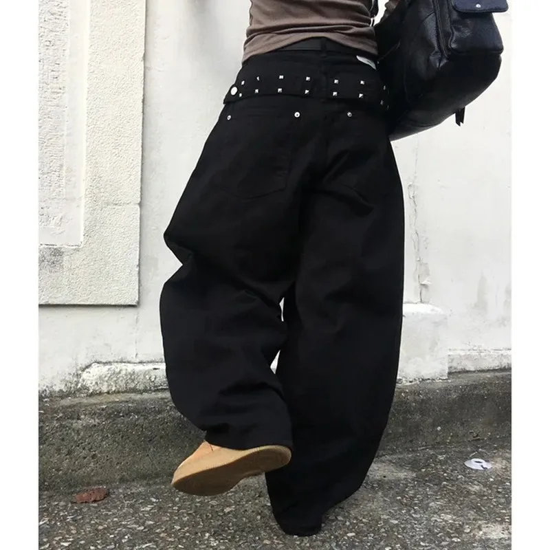 Retro Stud Rivet Wide Leg Loose Jeans High Waist Casual Style Water Washed Denim Fabric Cotton 100% for Young Women