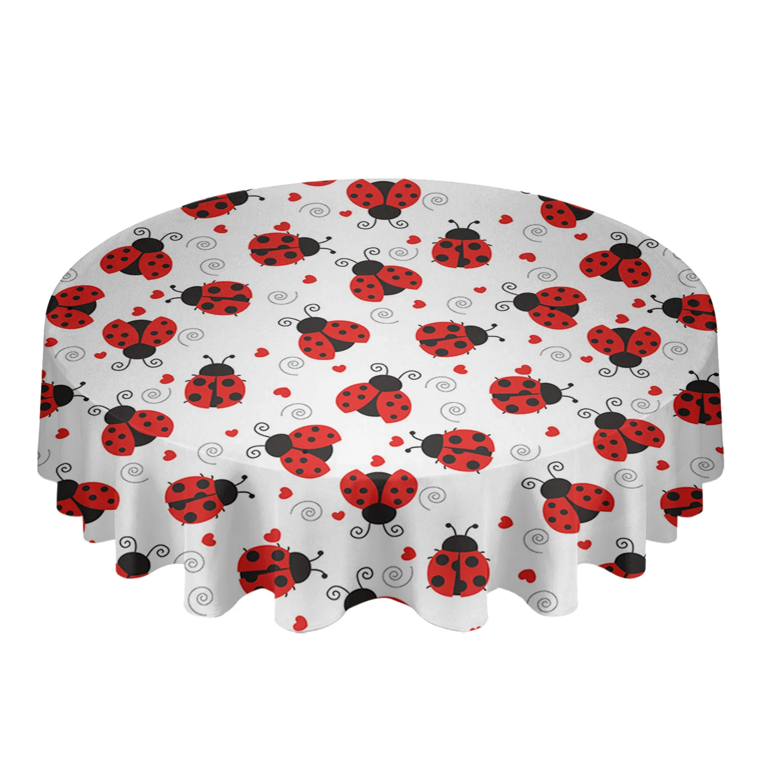 Red Ladybug Love White Round Waterproof Tablecloth Picnic Decorative Table Cover Home Party Wedding Dining Room Table Cloth