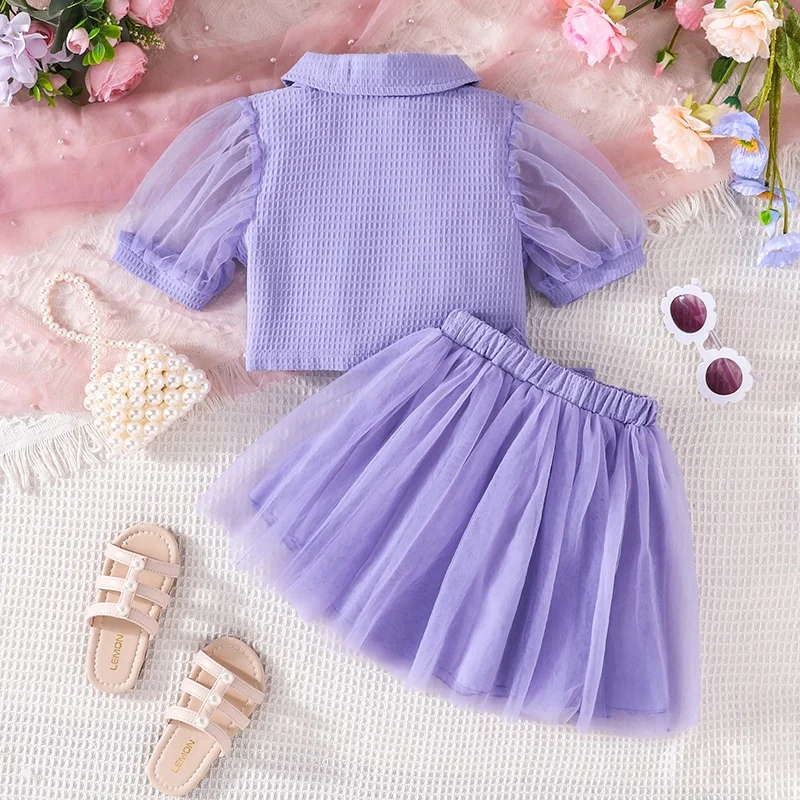 Clothing Set For Kid Girl 4-7 Years old Lace Sleeve Button Blouse Purple Tulle Skirt Summer Outfit For Baby Girl