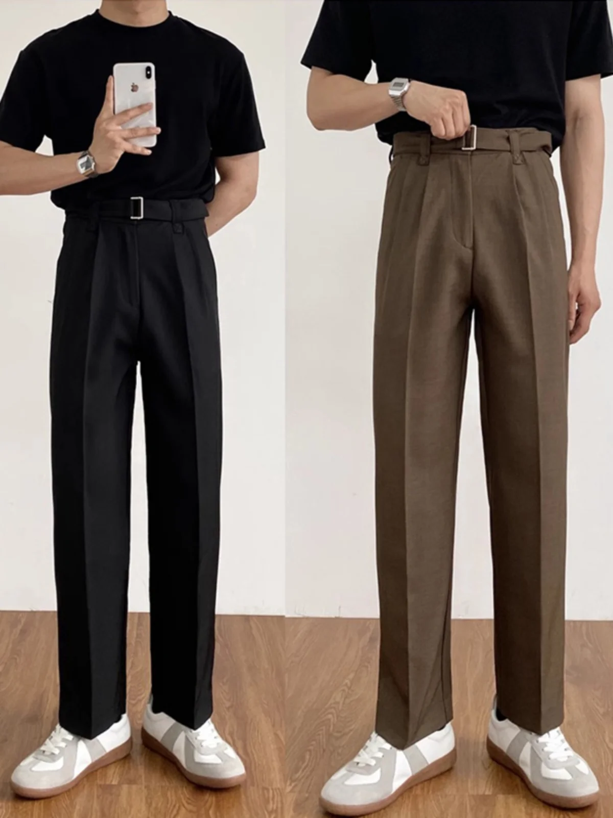 

Мужские повседневные коричневые брюки с драпировкой, свободные прямые брюки с поясом, осенние длинные брюки Ele Sle