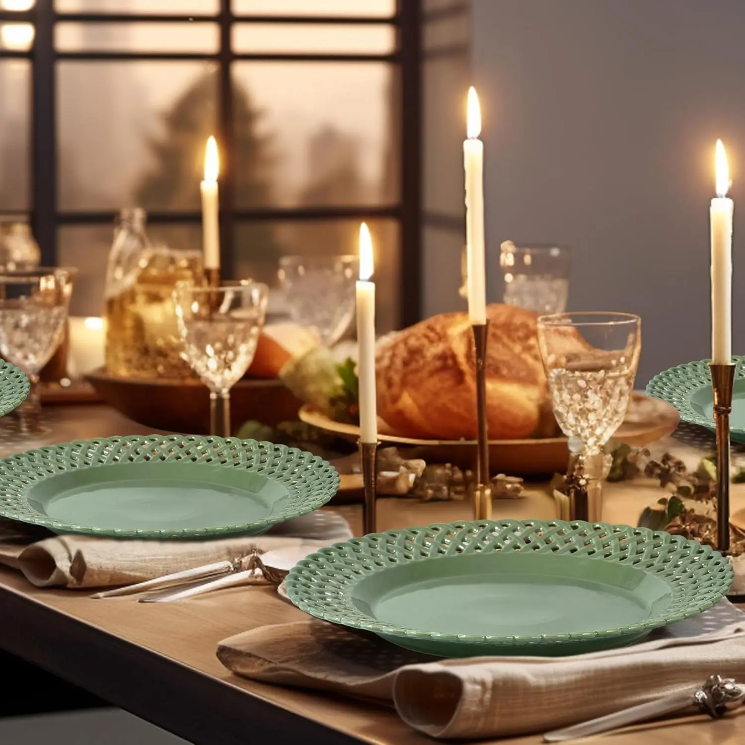 أطباق عشاء رشيقة بحافة واسعة مقاس 12 بوصة، طبق مستدير كبير جدًا، مجموعة صينية تقديم سكالوب مكونة من 4 قطع، للمطعم، كي