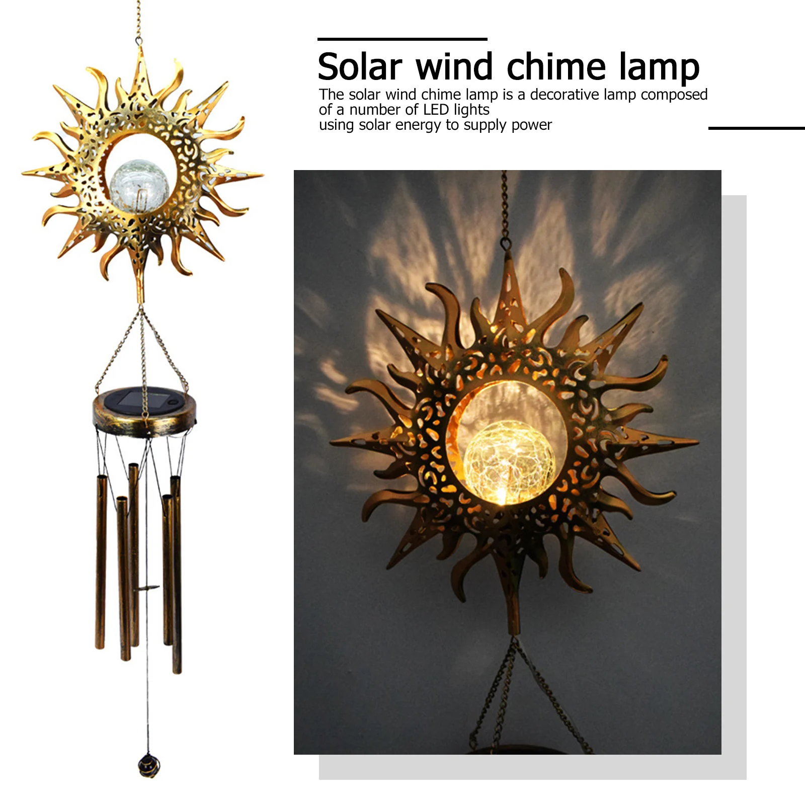 Solar Wind Chimes Light Retro Garden Iron Art Light Moon Sun Star Glass Ball Lamps Outdoor Decoration For Yard Patio Windowsill