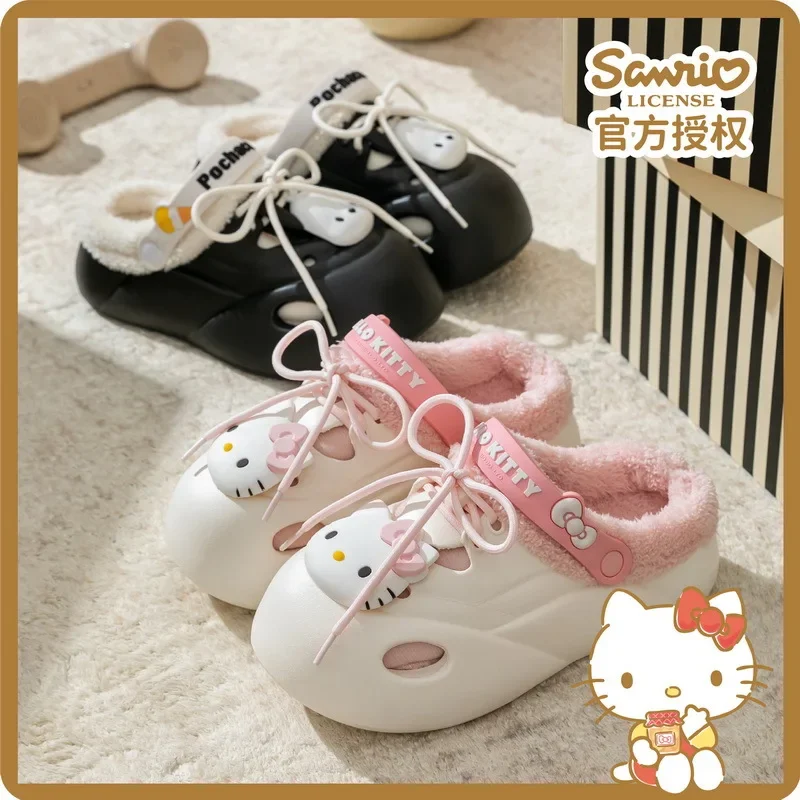 Genuine Sanrio Hangyodon Hello Kitty Plush Slippers Kuromi Warm Winter Indoor Slippers Flat Casual Non-slip Girl Home Shoes