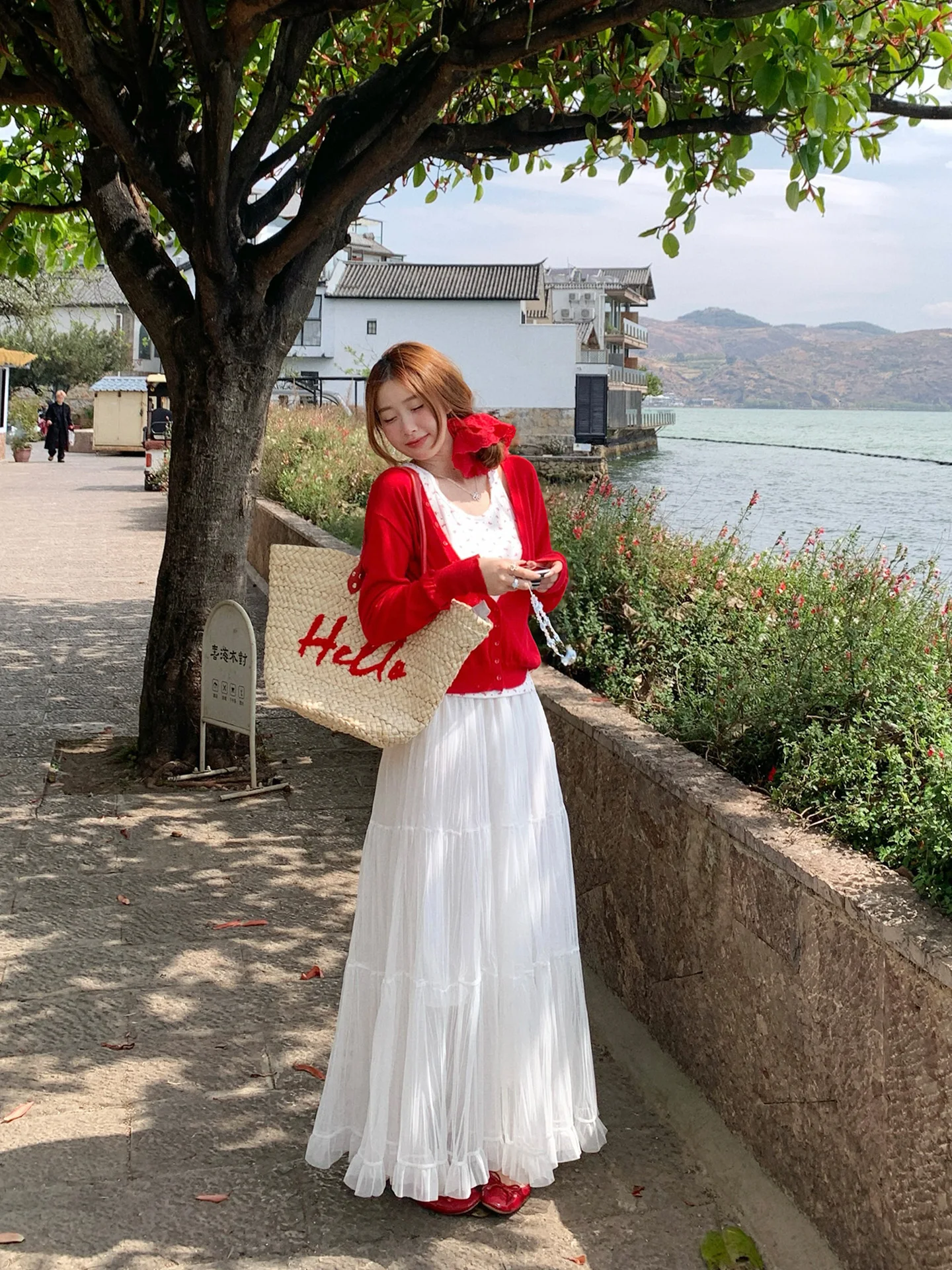 

Red Open Cardigan Jacket Women's Outfit Set Summer Fashion Princess Style Long Sleeve Shirt Knot Design Two-Piece Set