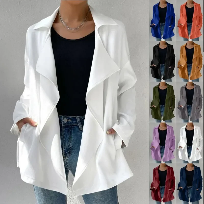 2023 New Autumn Fashion Casual Lapel Solid Color Patchwork Temperament with Slim Fitting Commuter Women's Pocket Trench Coat