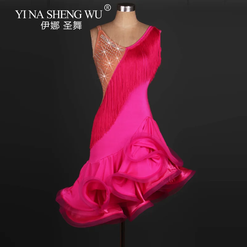 Abito da ballo latino di fascia alta da donna Costume da competizione di ballo latino professionale con nappa di diamanti Gonna a lisca di pesce Abito da ballo Samba